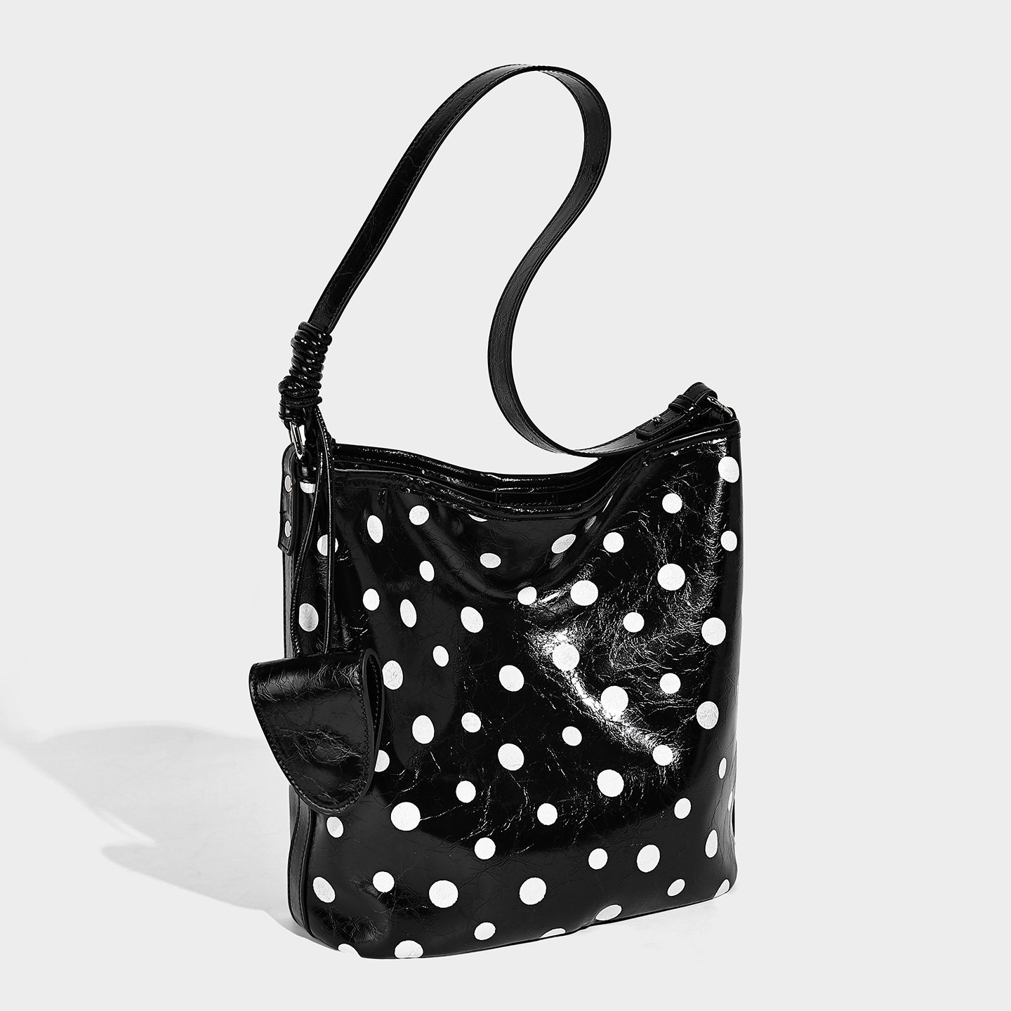 Polka Dot Patent Vegan Leather Bucket Hobo Bag — Black & White related to Vegan Leather handbag material