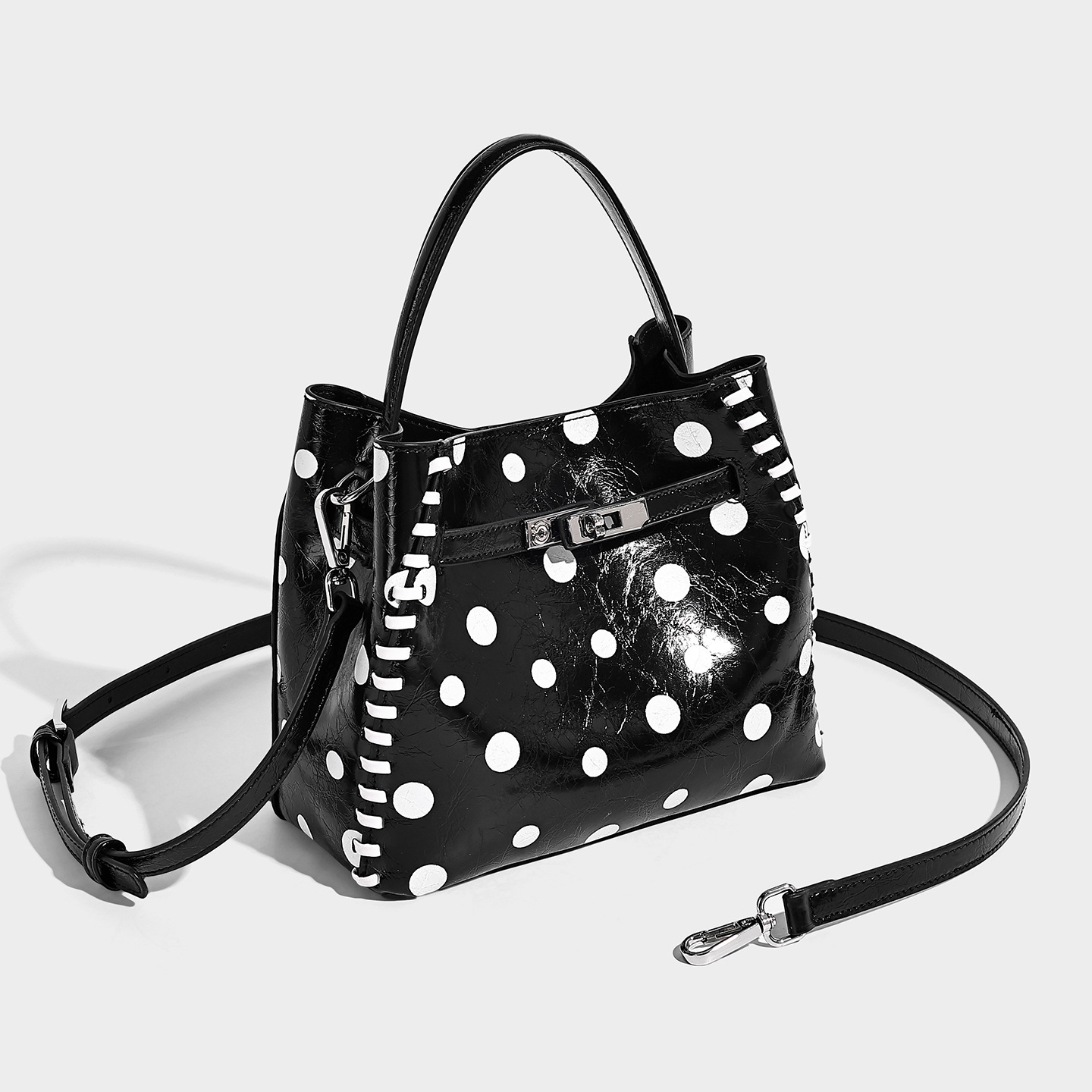 Polka Dot Vegan Leather Bucket Shoulder Bag — White related to Vegan Leather handbag material