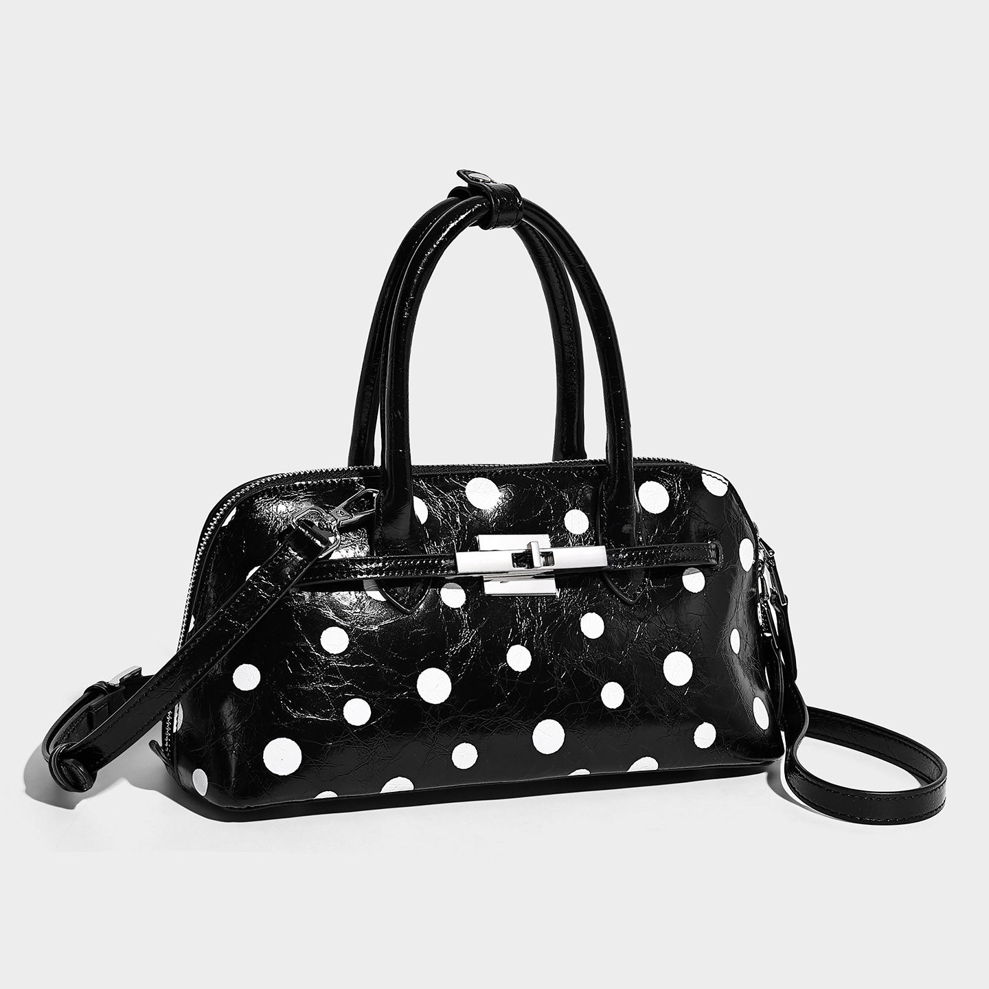 Polka Dot Vegan Leather Pillow Boston Bag — Black & White related to Vegan Leather handbag material