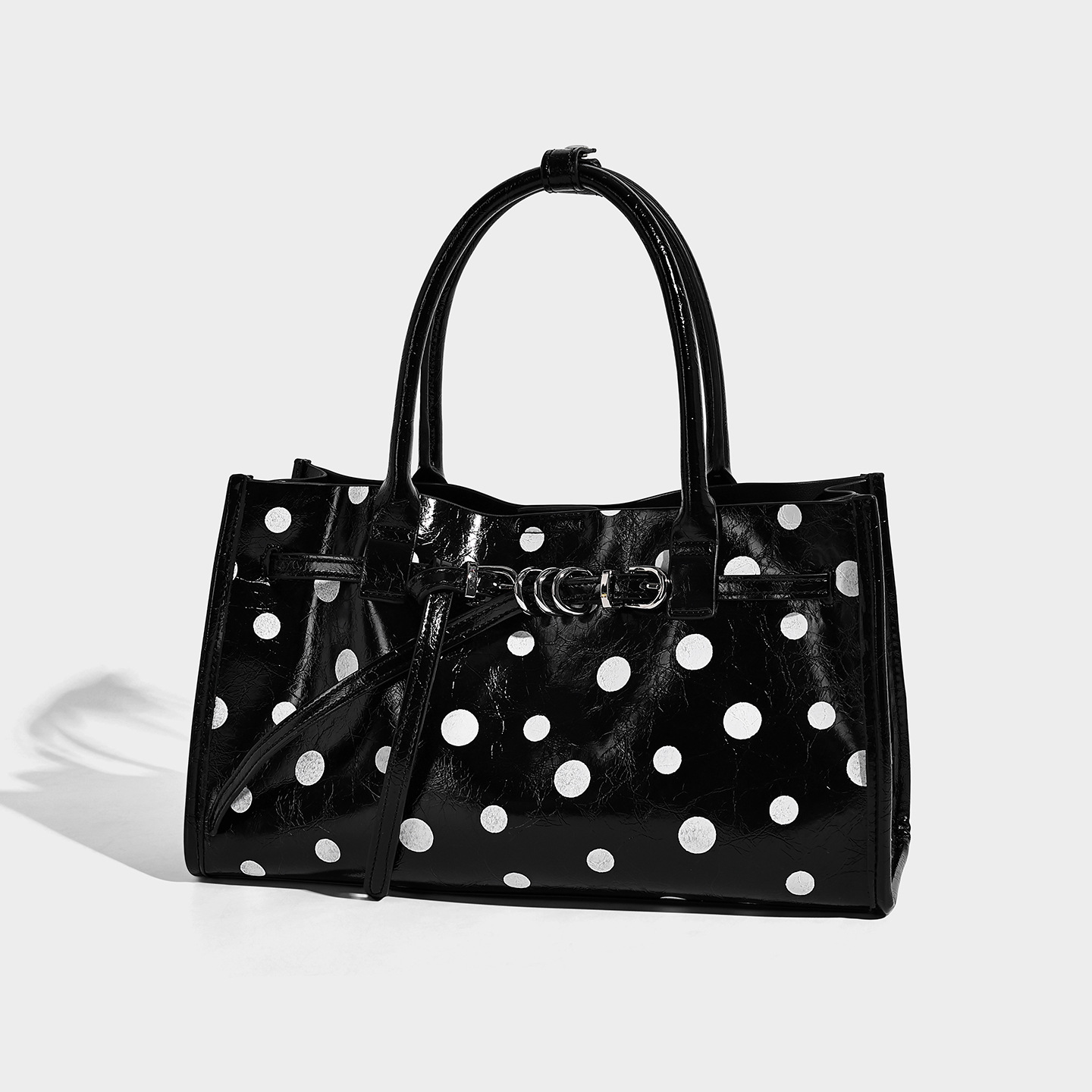 Polka Dot Vegan Leather Top-Handle Crossbody Bag — Black & White related to Vegan Leather handbag material