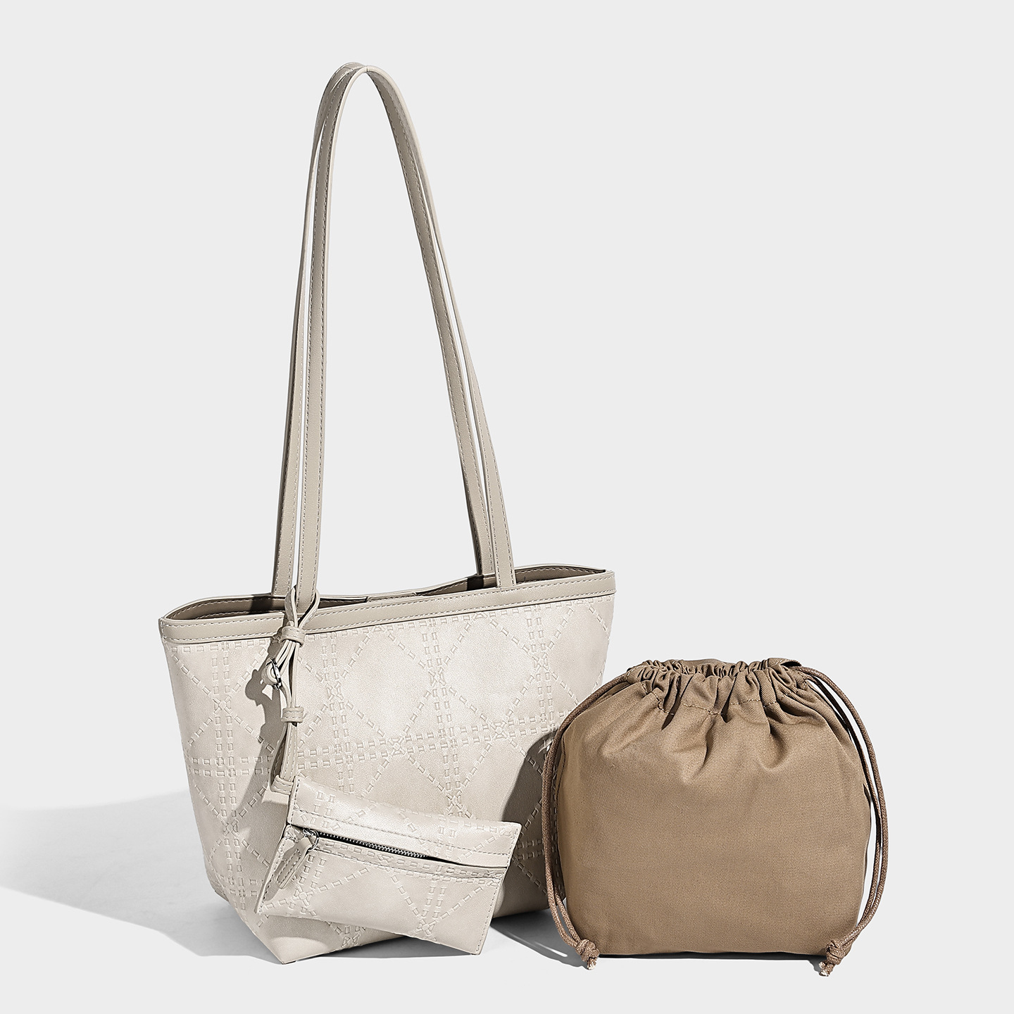 Quilted Vegan Leather Shoulder Tote — With Detachable Mini Pouch