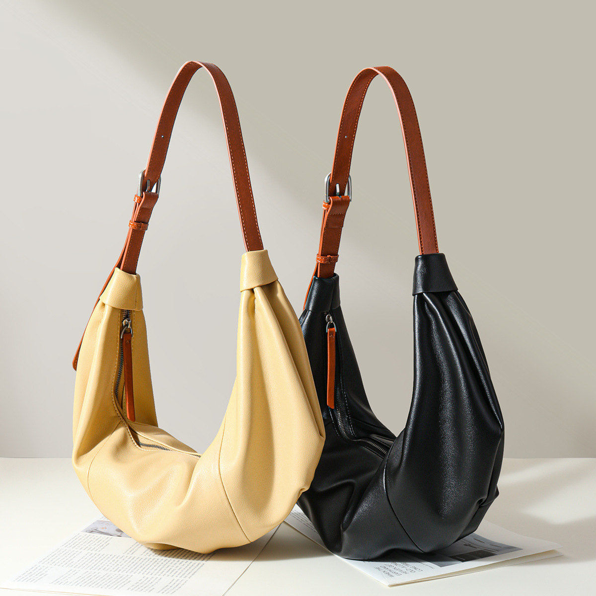 Ruched Leather Crescent Hobo Bag — Butter Yellow & Black
