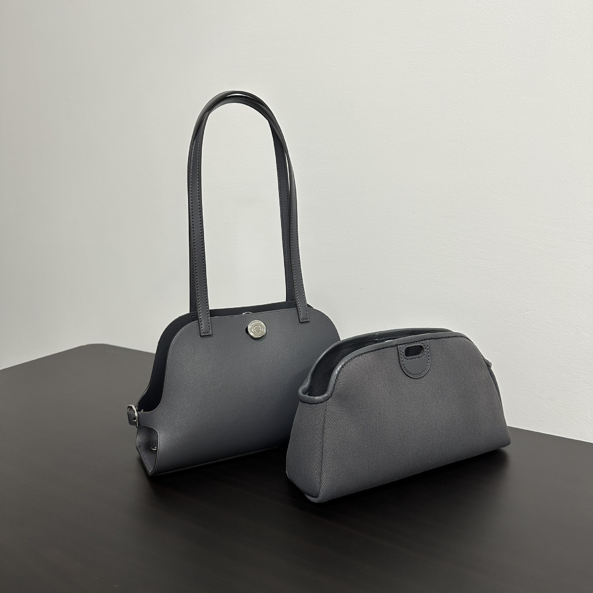 Saffiano Leather Shoulder Bag with Matching Pouch — Slate Grey product image