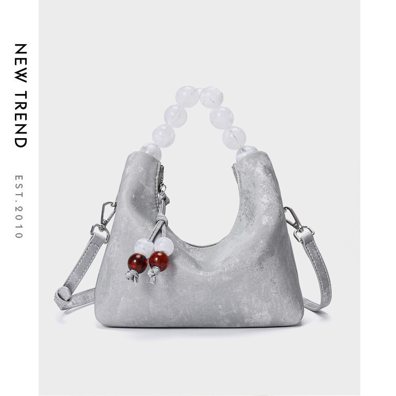 Satin Crescent Shoulder Bag — Silver with Crystal Bead Handle
