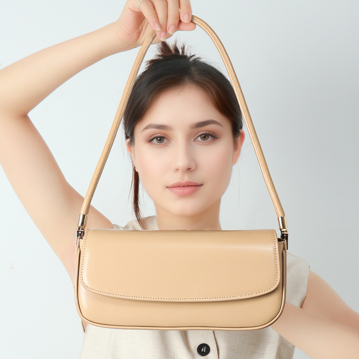 Smooth Leather Baguette Bag — Beige with Gold Side Clasp