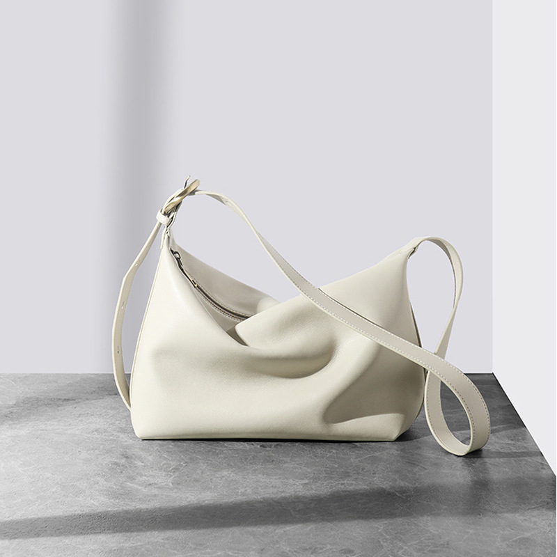 Smooth Leather Crescent Hobo Bag — Off-White with Twist Clasp