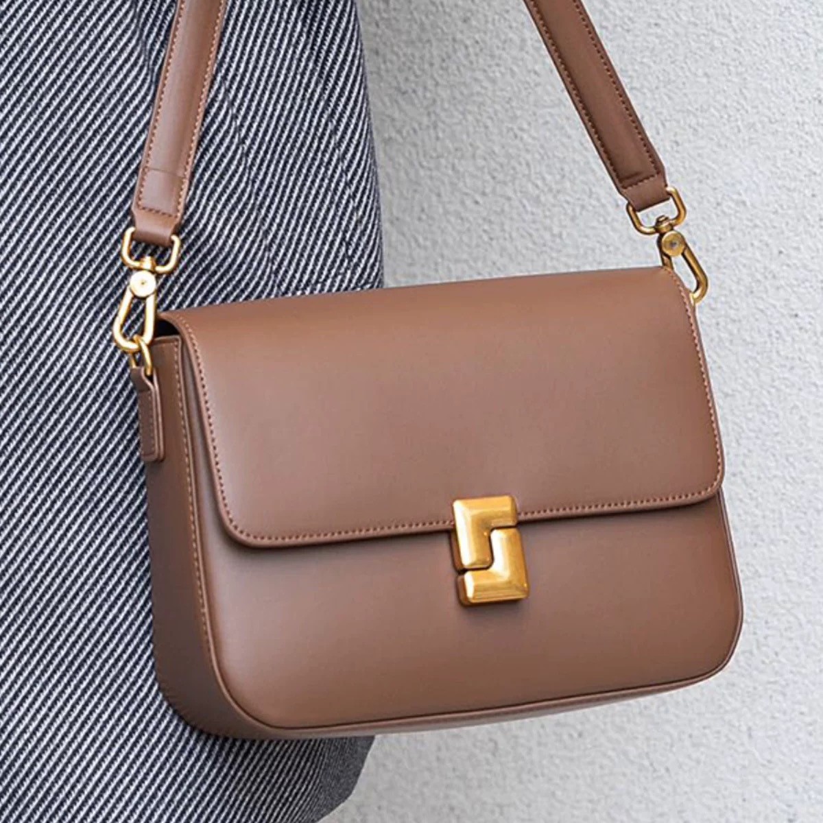 Smooth Leather Flap Crossbody Bag — Tan with S-Lock Hardware product image