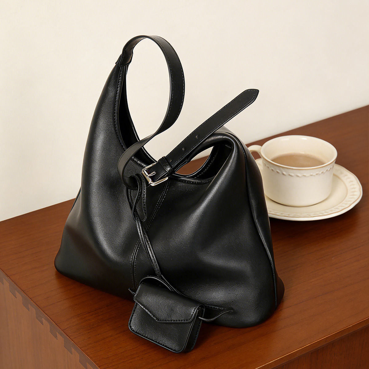 Smooth Leather Large Hobo Tote — Black with Detachable Mini Pouch