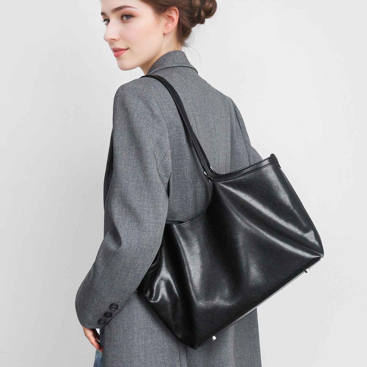 Smooth Genuine Leather Large Shoulder Tote — Black Minimalist product image