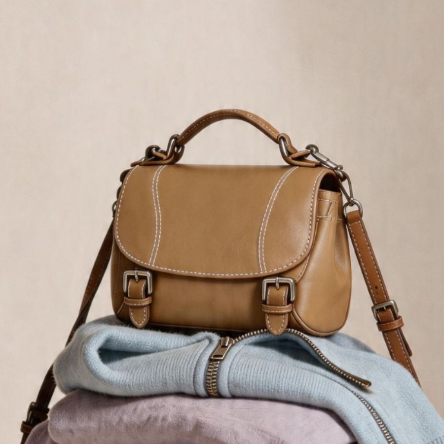 Smooth Leather Mini Satchel — Tan with Saddle Stitch & Double Buckle product image