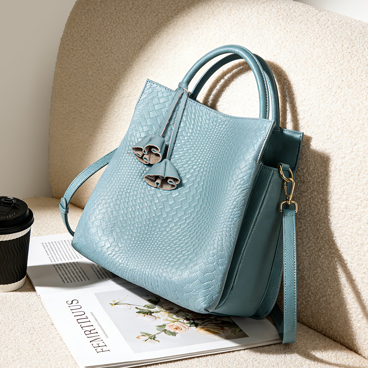 Snake-Embossed Leather Tote — Powder Blue with Tassel Detail