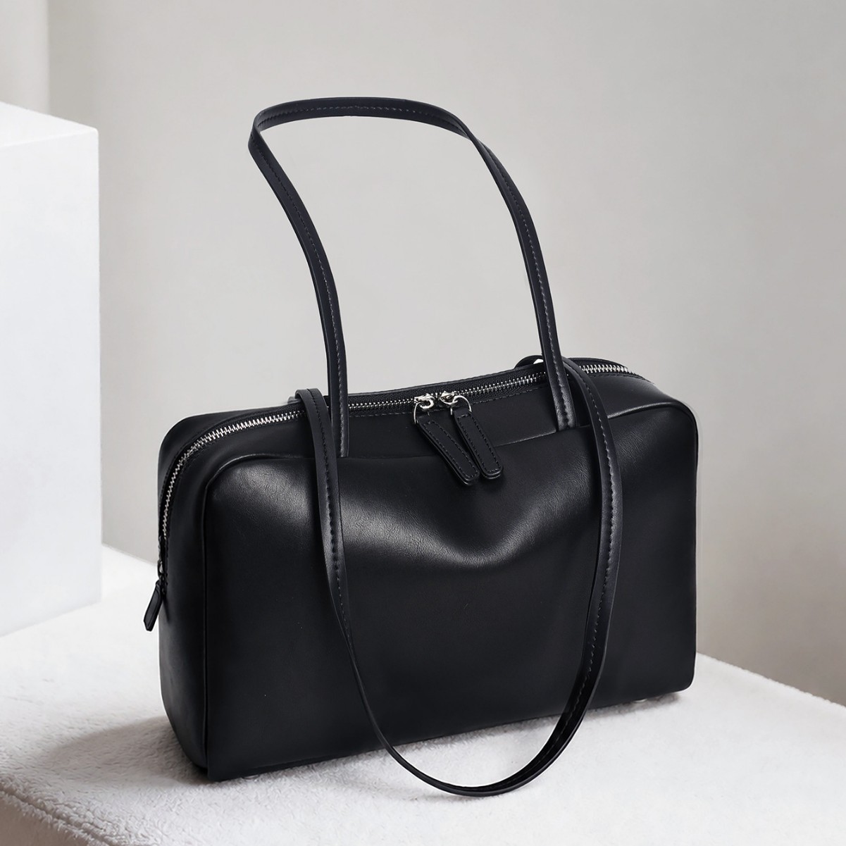 Soft Leather Double-Zip Boston Bag — Black Minimalist product image