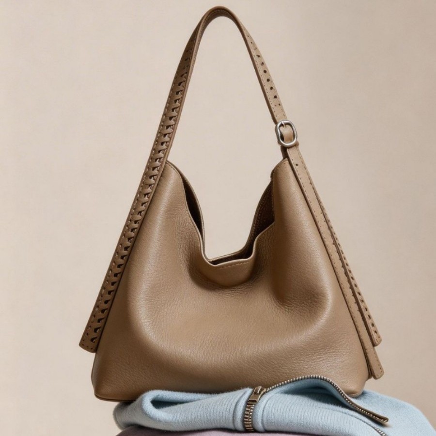 Soft Leather Hobo Shoulder Bag — Khaki with Perforated Strap