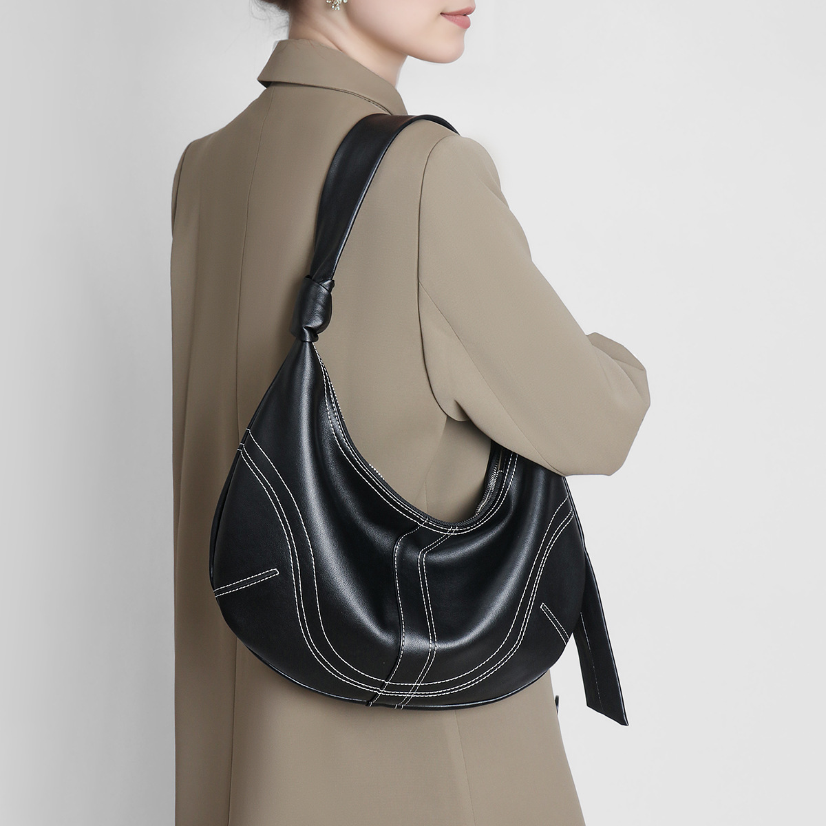 Soft Leather Large Crescent Hobo — Black with Contrast Stitch Panels