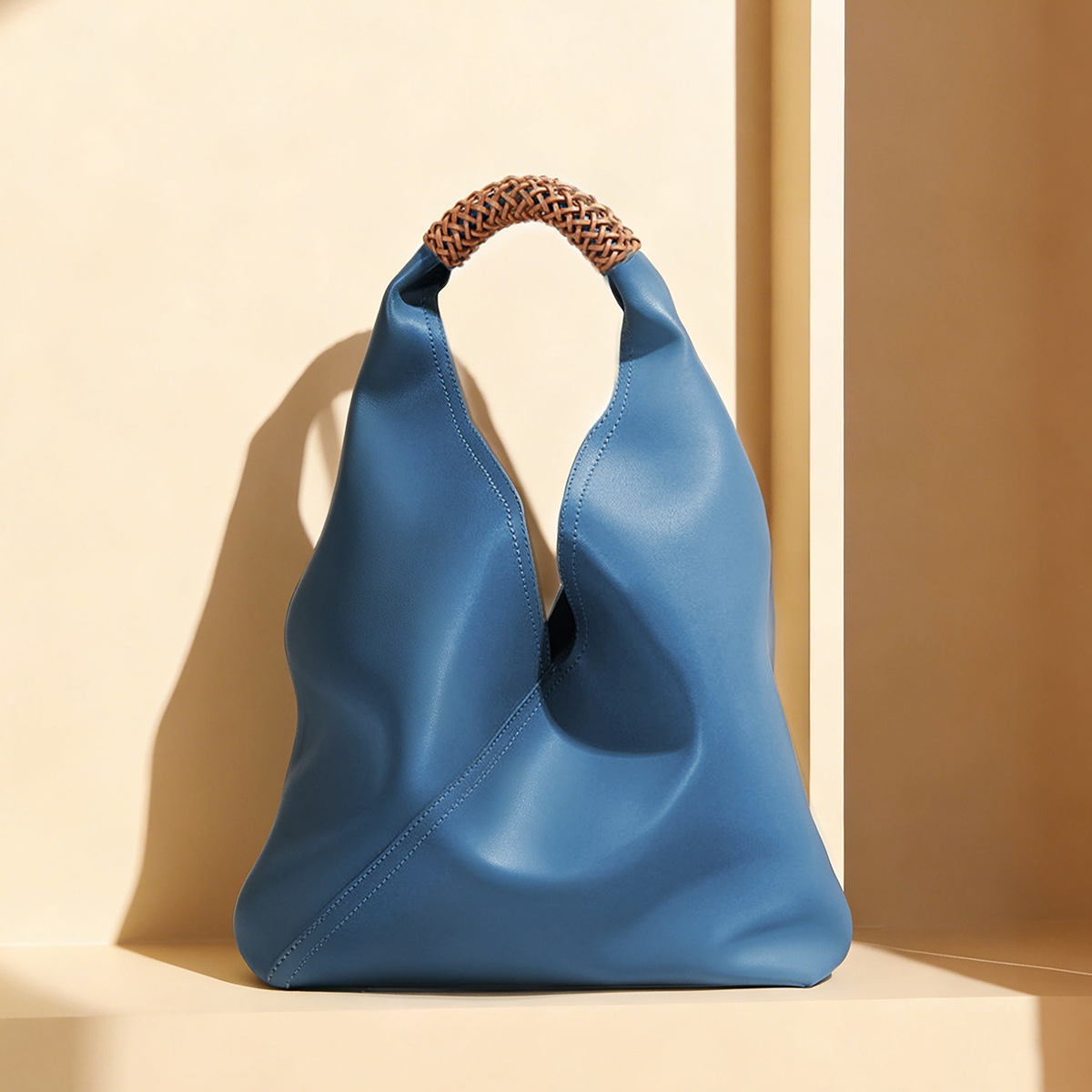 Soft Leather Triangle Hobo Bag — Steel Blue with Woven Handle