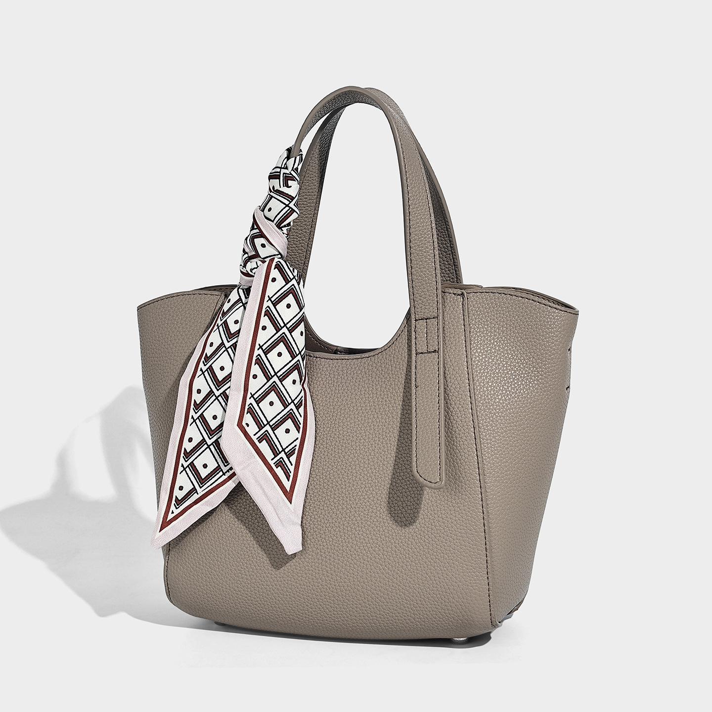 Soft Vegan Leather Large Top-Handle Tote with Scarf — Taupe