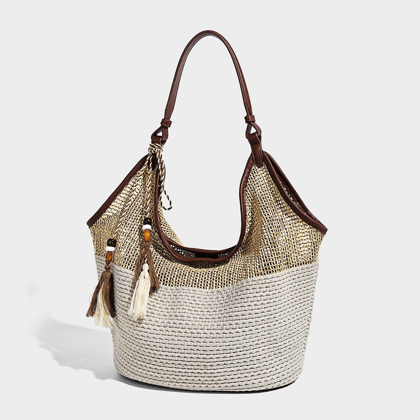 Straw-Woven Vegan Leather Shopper Tote — Natural & Minimal