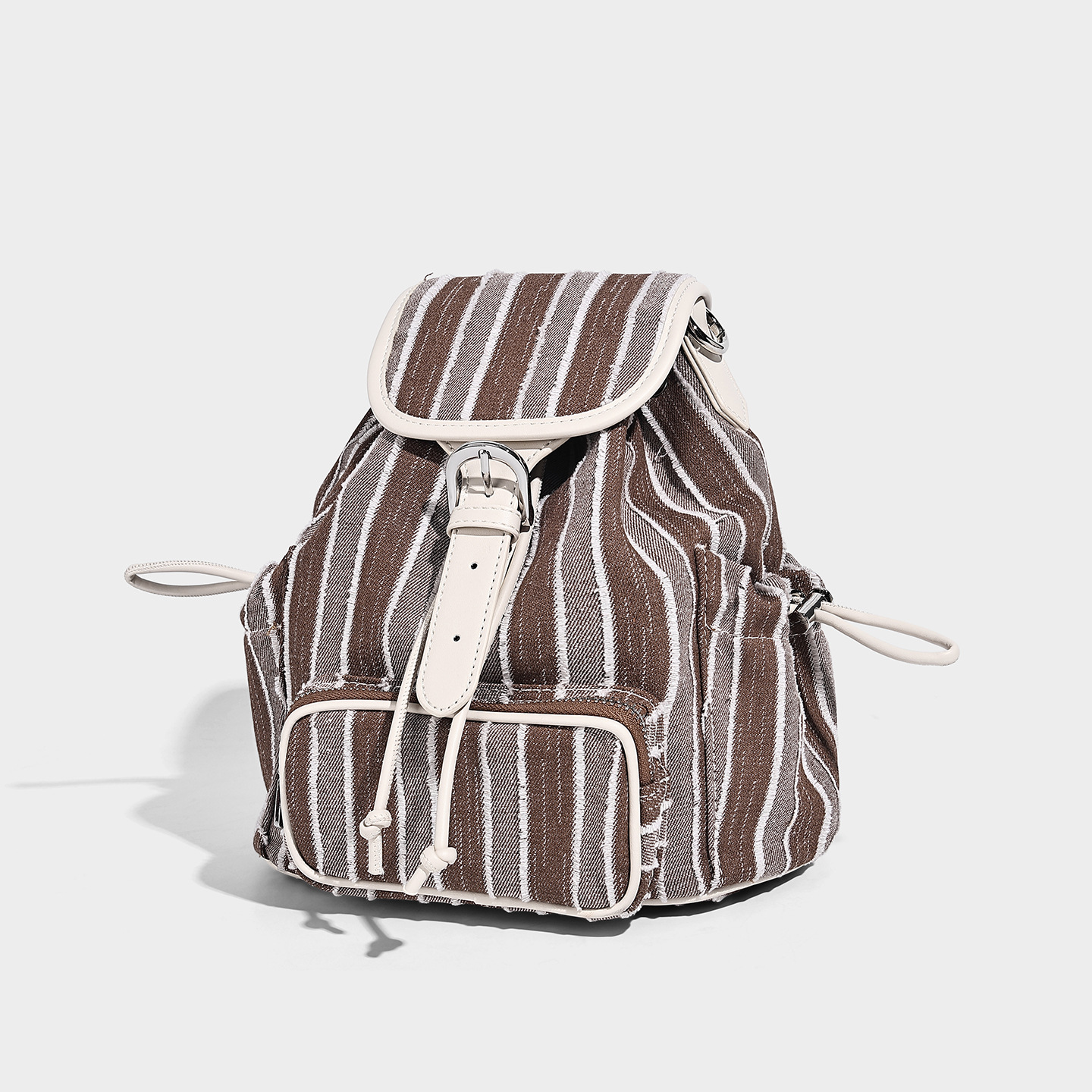 Stripe Canvas Drawstring Backpack with Vegan Leather Trim related to Canvas handbag material