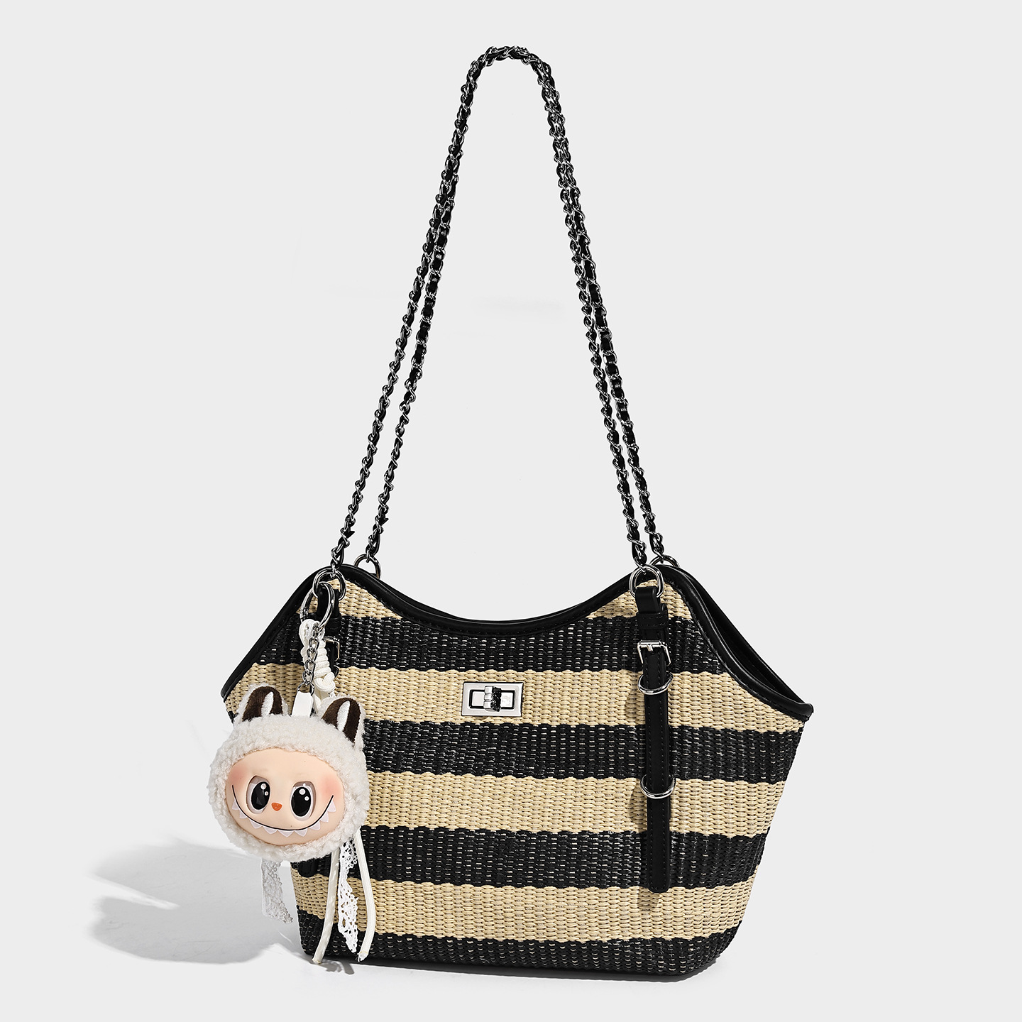 Stripe Woven Chain Bucket Shoulder Bag with Doll Charm — Black