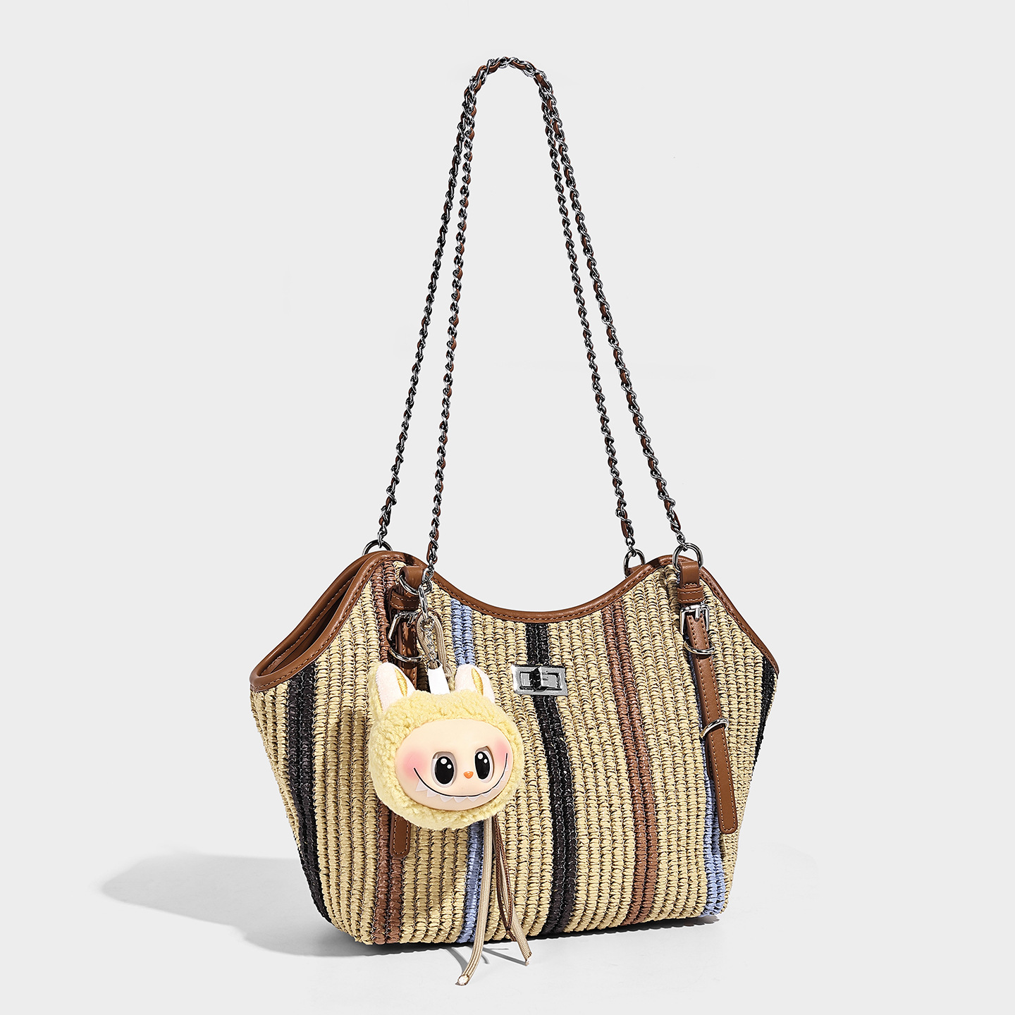 Stripe Woven Chain Shoulder Bag with Doll Charm — Colorblock
