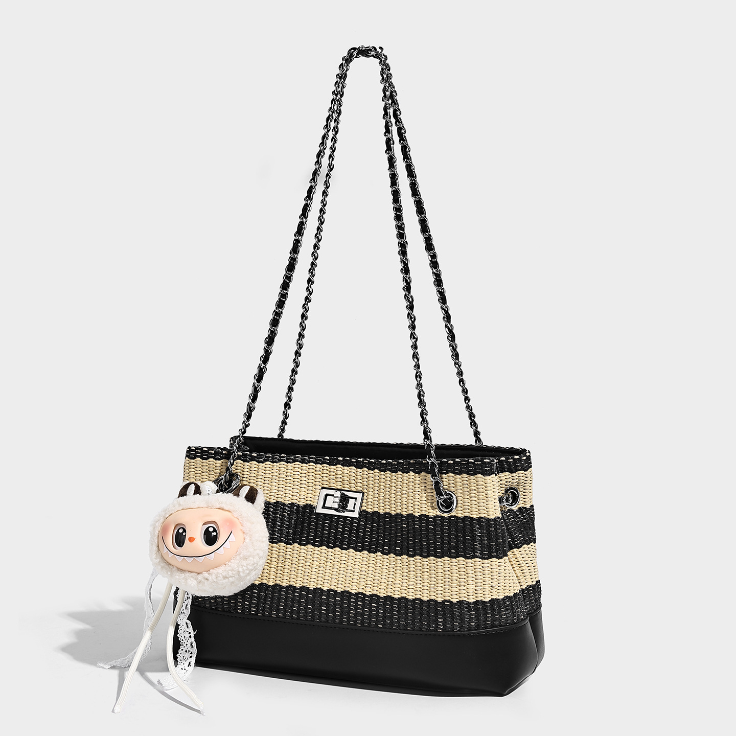 Stripe Woven Chain Tote Bag with Twist-Lock & Doll Charm — Black