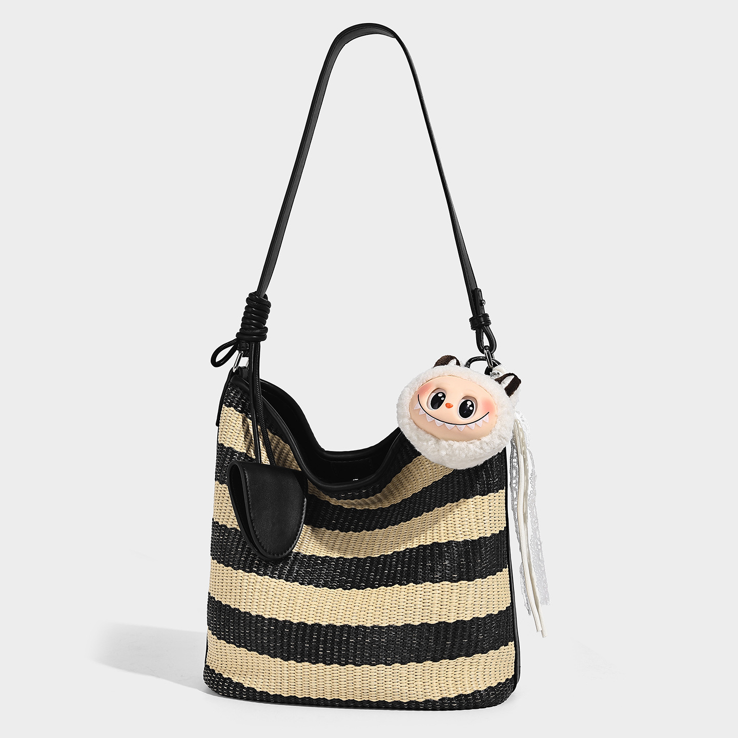 Stripe Woven Hobo Shoulder Bag with Doll Charm — Black & Beige