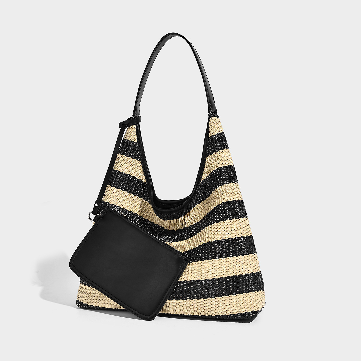 Stripe Woven Hobo Underarm Bag with Mini Pouch — Black & Beige