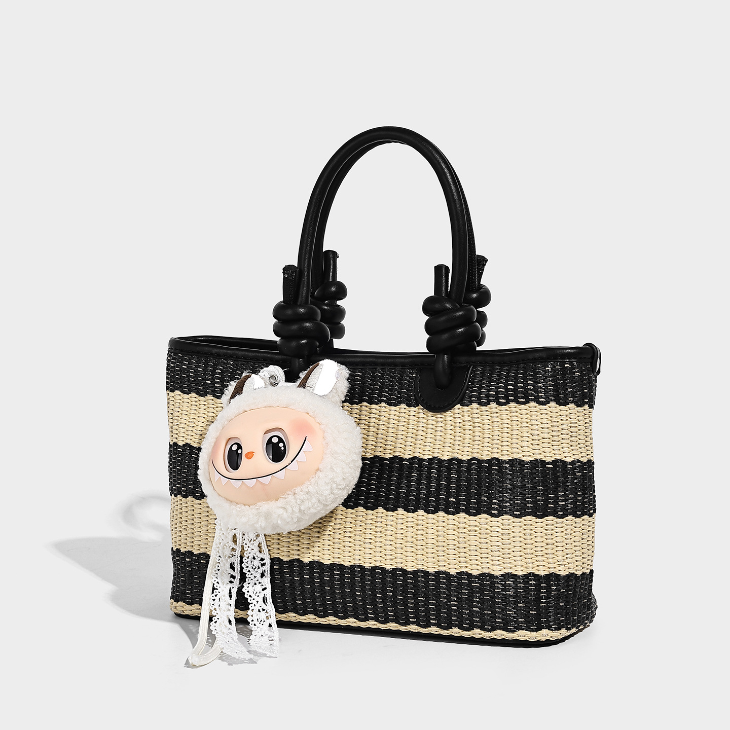 Stripe Woven Top-Handle Tote Bag with Doll Charm — Black & White