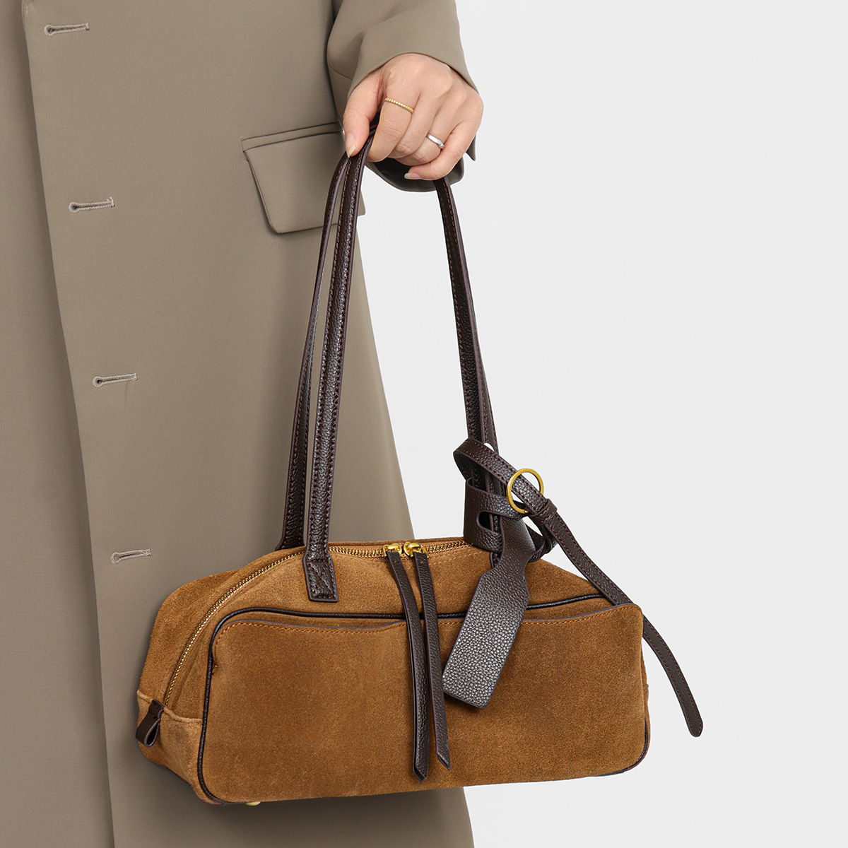 Suede Leather Boston Bag — Cognac with Dark Brown Handle product image