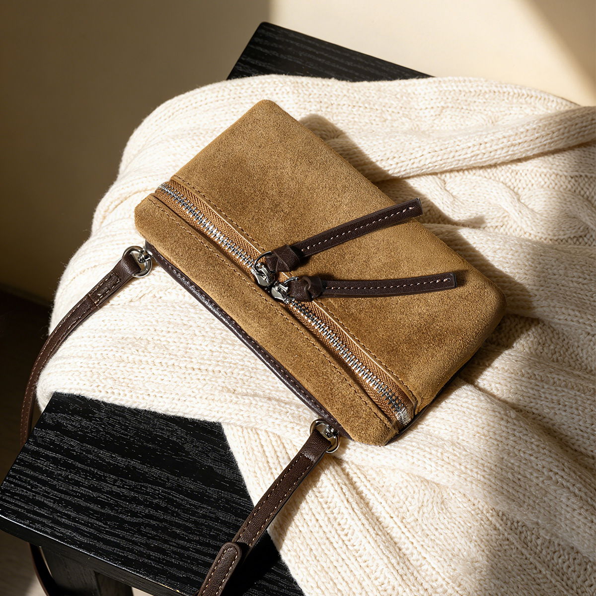 Suede Leather Mini Crossbody Bag — Tan with Double Zip product image