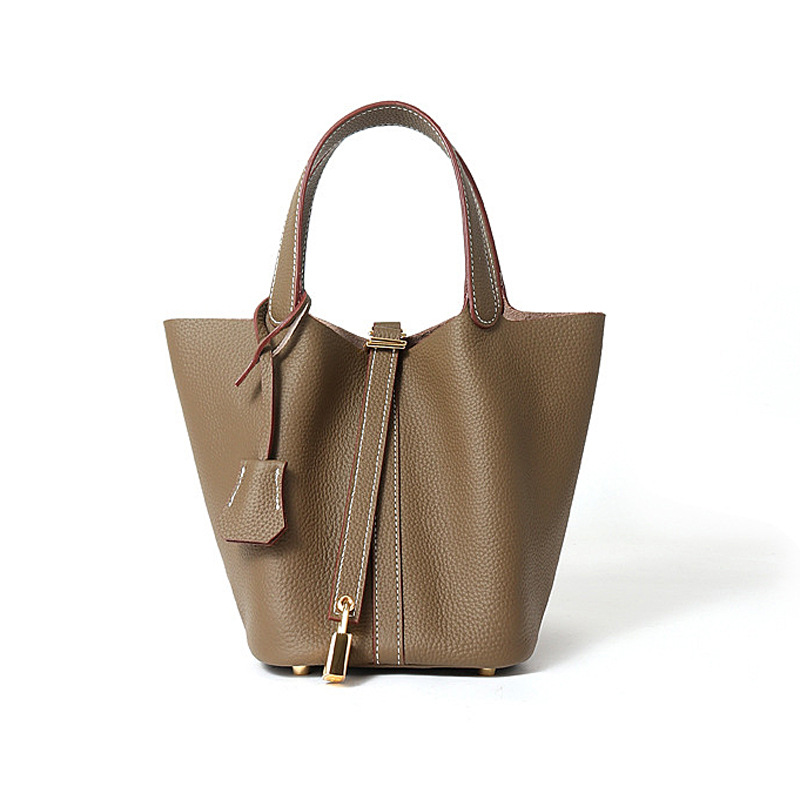TOGO Genuine Leather Bucket Bag — Khaki with Contrast Stitch product image
