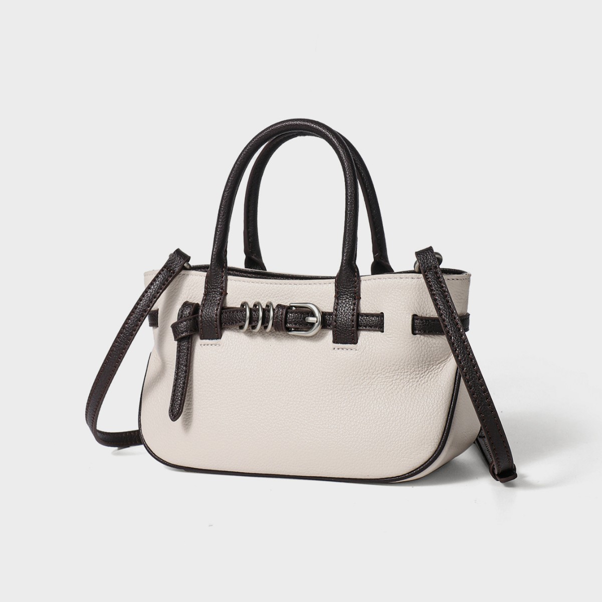 Two-Tone Leather Mini Tote — Cream & Dark Brown with Ring Hardware product image