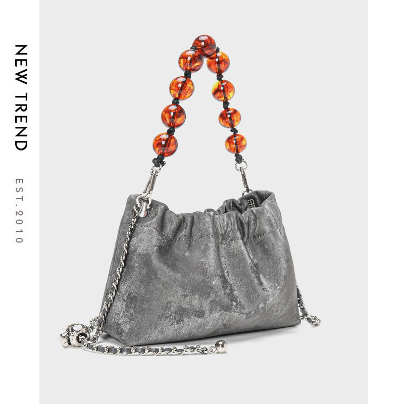 Velvet Ruched Shoulder Bag — Grey with Amber Bead Handle