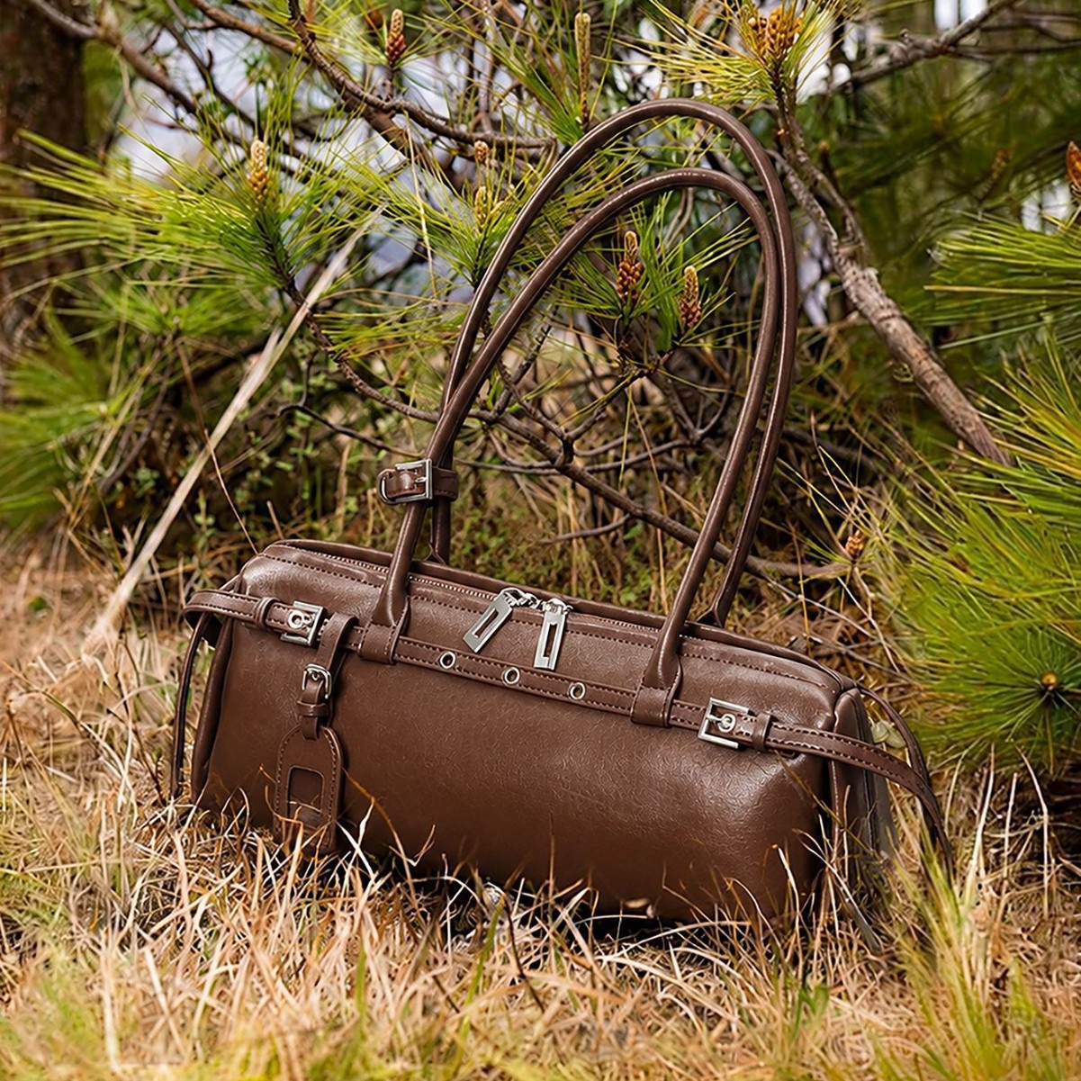 Vintage Genuine Leather Baguette Commuter Tote Women Large Capacity Top-Handle Shoulder Bag product image