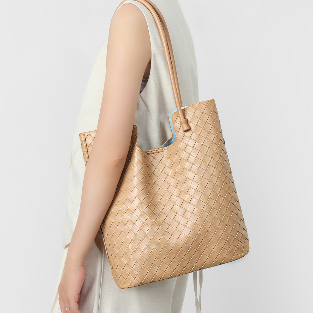 Woven Genuine Leather Large Commuter Tote Shoulder Bag product image