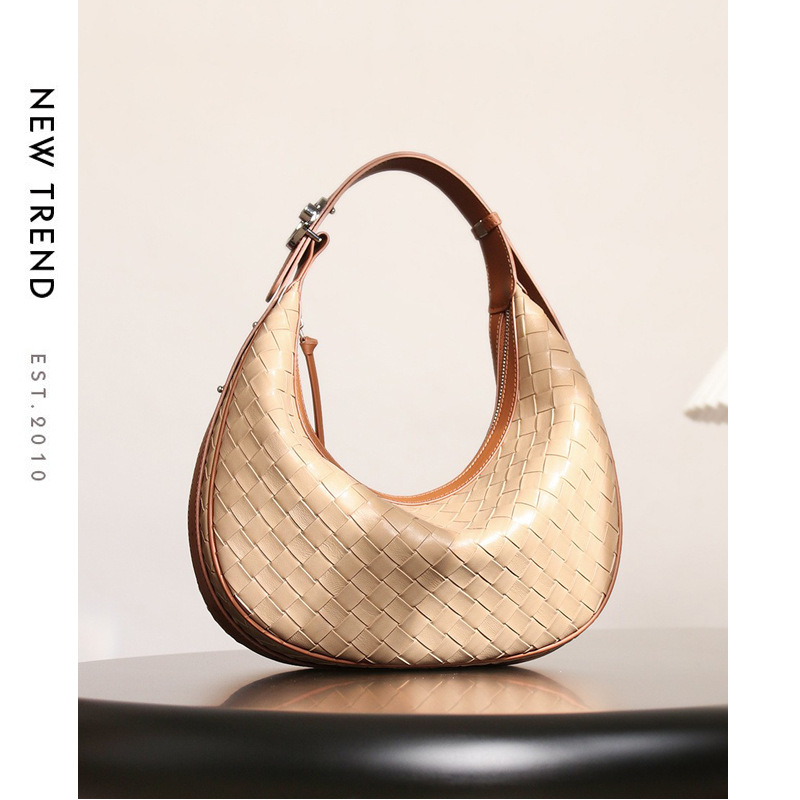 Woven Leather Crescent Hobo Bag — Gold with Cognac Trim