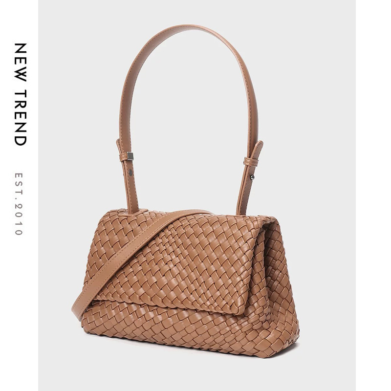 Woven Leather Flap Shoulder Bag — Tan Structured