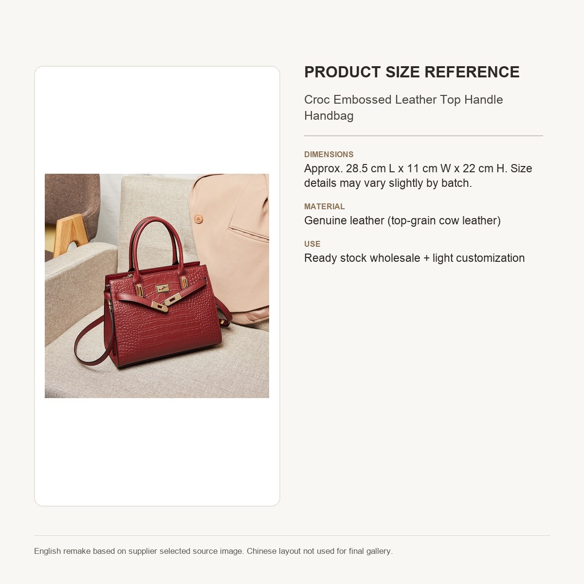 Product image 8 of Croc Embossed Leather Top Handle Handbag for wholesale handbag buyers