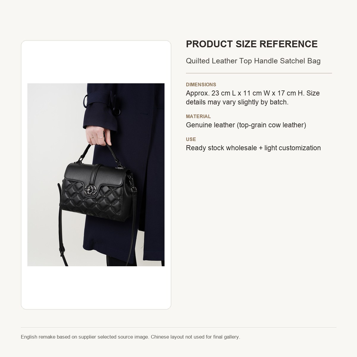 Product image 9 of Quilted Leather Top Handle Satchel Bag for wholesale handbag buyers