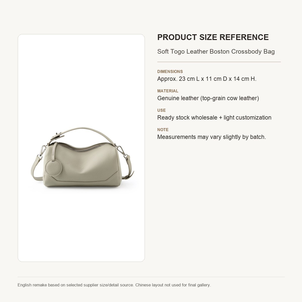 Product image 9 of Soft Togo Leather Boston Crossbody Bag for wholesale handbag buyers