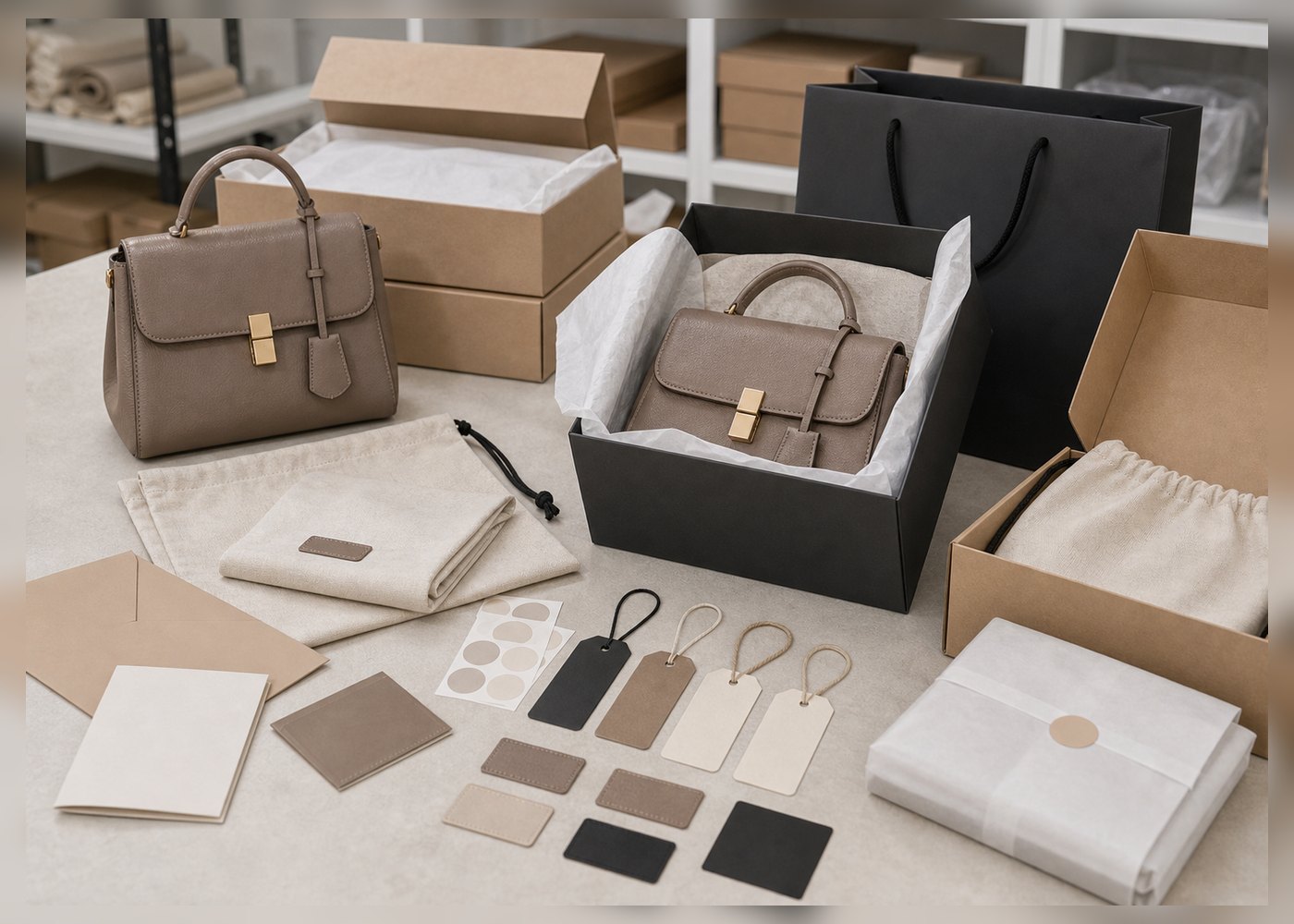 Luxury handbag packaging with box and fabric wrap
