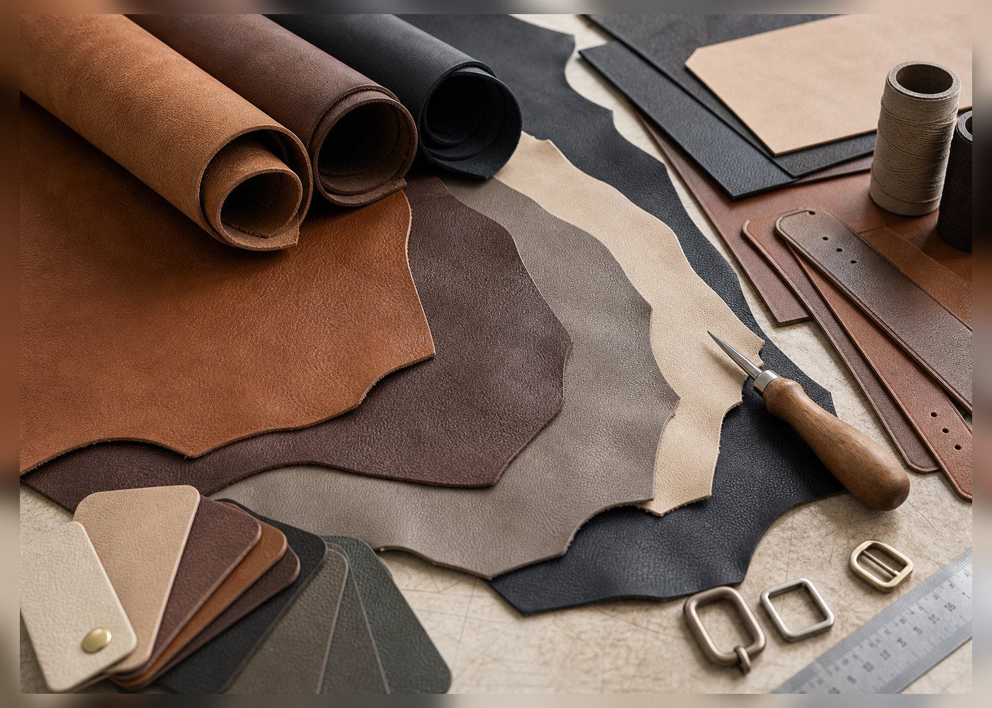 Material room with leather rolls and color swatches