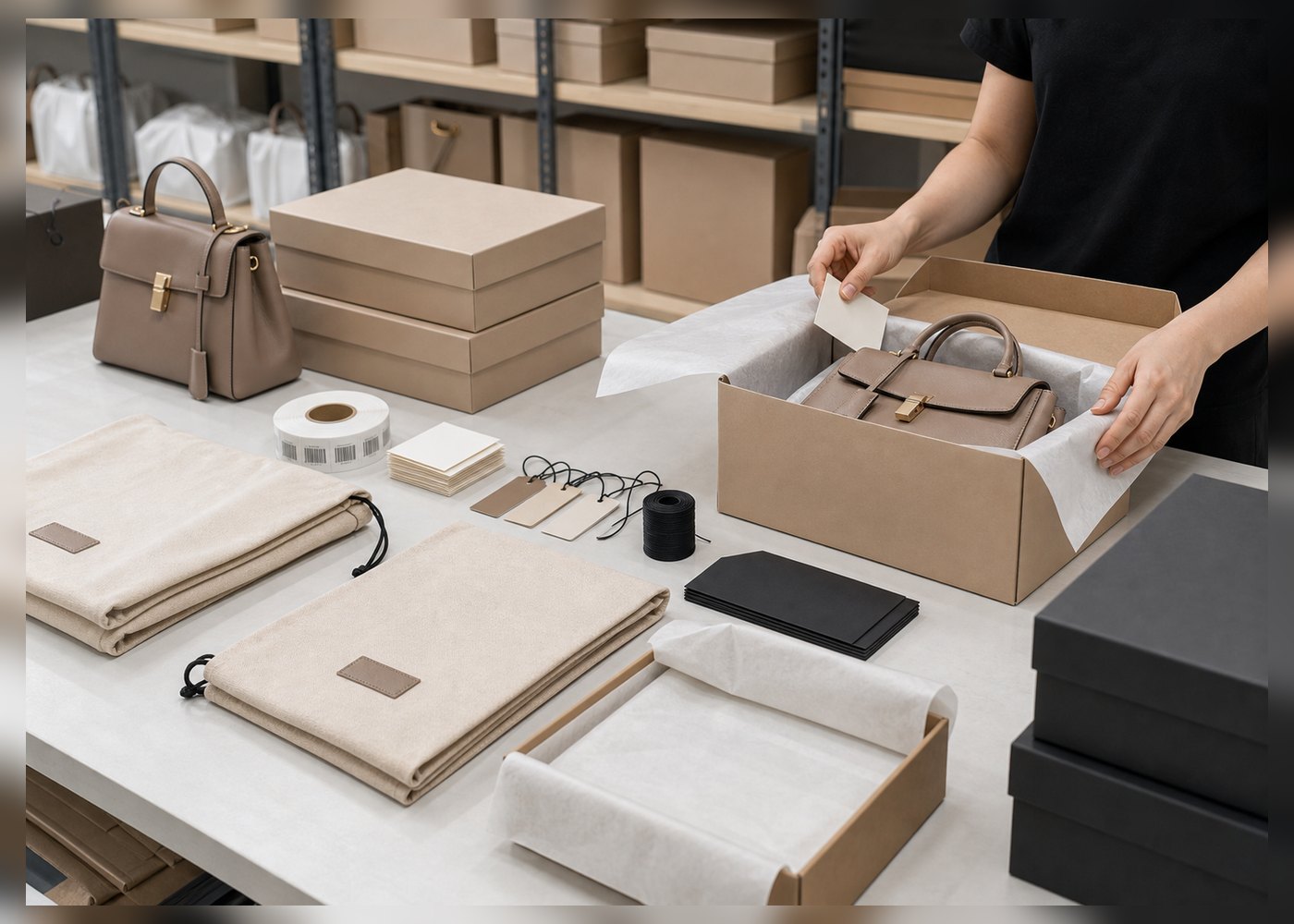 Packaging room with boxes and branded handbag packaging materials