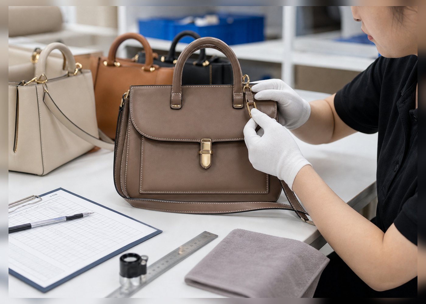 Quality control area checking leather handbag stitching and finishing